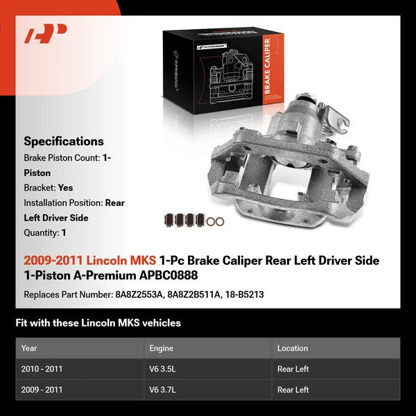 2009-2011 Lincoln MKS 1-Pc Brake Caliper Rear Left Driver Side 1-Piston A-Premium APBC0888