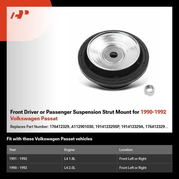 Front Driver or Passenger Suspension Strut Mount for 1990-1992 Volkswagen Passat