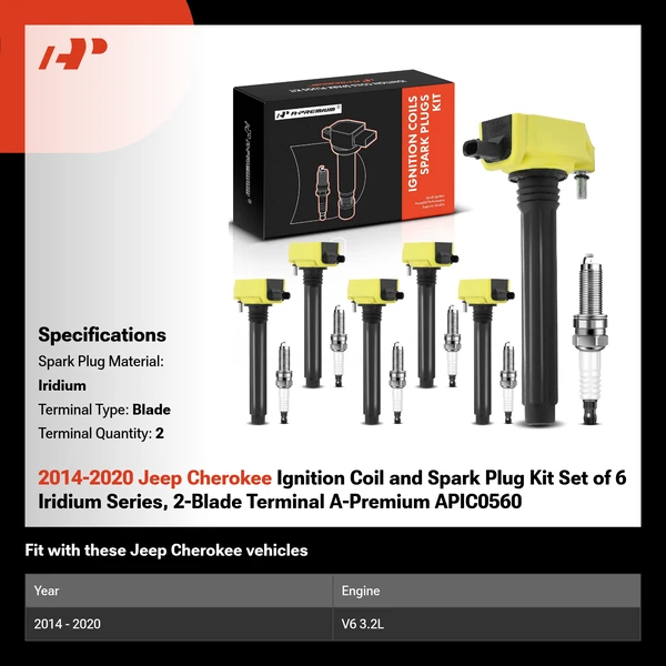 2014-2022 Jeep Cherokee Ignition Coil and Spark Plug Kit Set of A Set of 12 Iridium Series, 2-Blade Terminal A-Premium APIC0560
