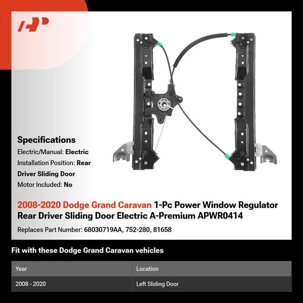 2008-2020 Dodge Grand Caravan 1-Pc Power Window Regulator Rear Driver Sliding Door Electric A-Premium APWR0414
