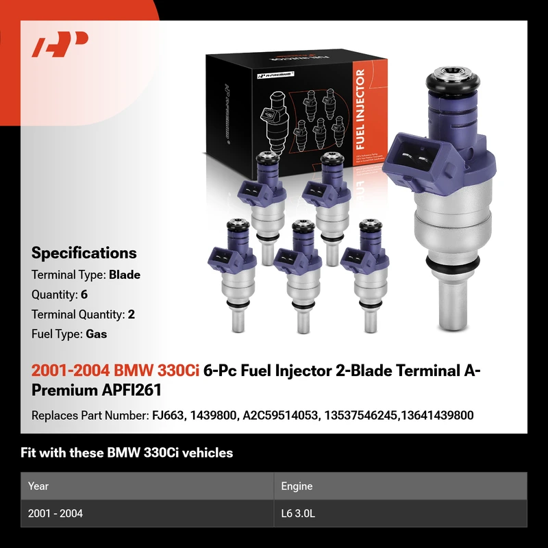 2001-2004 BMW 330Ci 6-Pc Fuel Injector 2-Blade Terminal A-Premium APFI261
