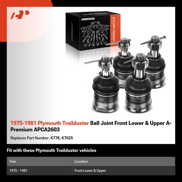 1975-1981 Plymouth Trailduster Ball Joint Front Lower & Upper A-Premium APCA2603
