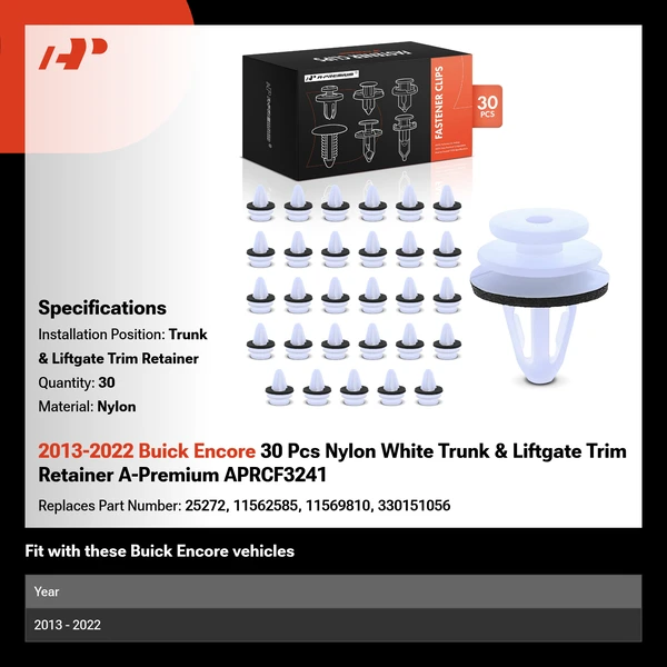 2013-2022 Buick Encore 30 Pcs Nylon White Trunk & Liftgate Trim Retainer A-Premium APRCF3241