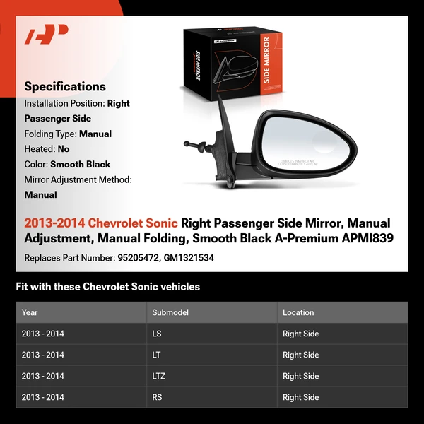 2013-2014 Chevrolet Sonic Right Passenger Side Mirror, Manual Adjustment, Manual Folding, Smooth Black A-Premium APMI839