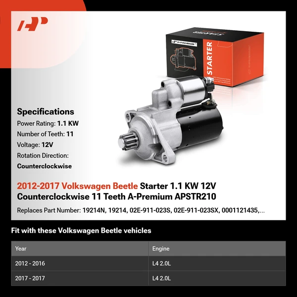 2012-2017 Volkswagen Beetle Starter 1.1 KW 12V Counterclockwise 11 Teeth A-Premium APSTR210