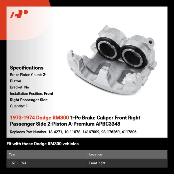 1973-1974 Dodge RM300 1-Pc Brake Caliper Front Right Passenger Side 2-Piston A-Premium APBC3348