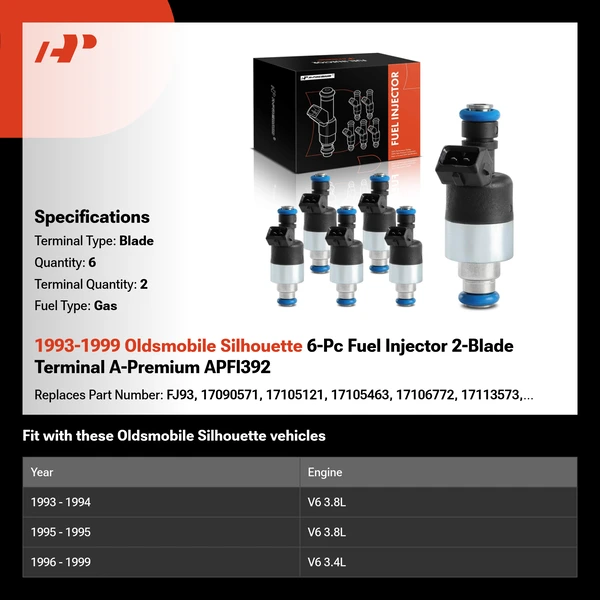 1993-1999 Oldsmobile Silhouette 6-Pc Fuel Injector 2-Blade Terminal A-Premium APFI392