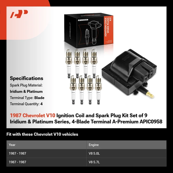1987 Chevrolet V10 Ignition Coil and Spark Plug Kit Set of 9 Iridium & Platinum Series, 4-Blade Terminal A-Premium APIC0958