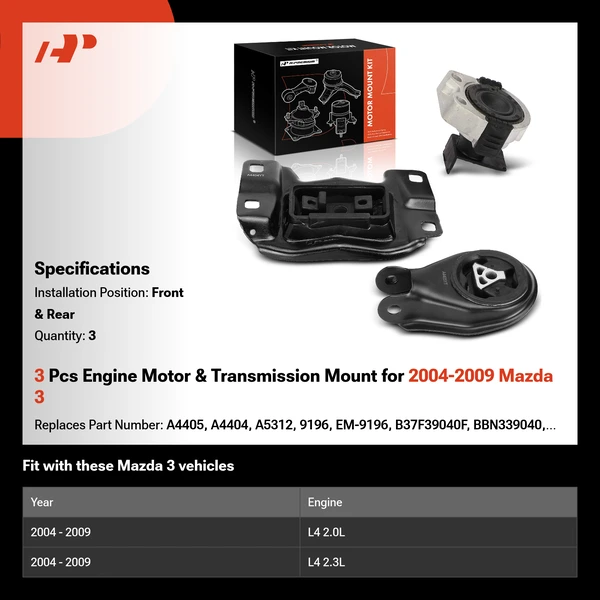 3 Pcs Engine Motor & Transmission Mount for 2004-2009 Mazda 3