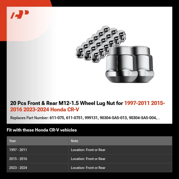 20 Pcs Front & Rear M12-1.5 Wheel Lug Nut for 1997-2011 2015-2016 2023-2024 Honda CR-V