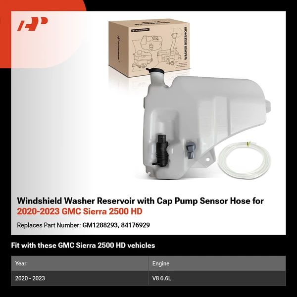 Windshield Washer Reservoir with Cap Pump Sensor Hose for 2020-2023 GMC Sierra 2500 HD