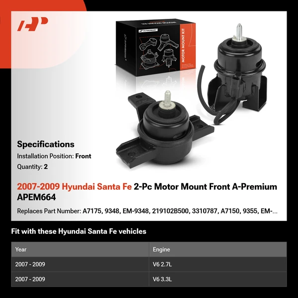 2007-2009 Hyundai Santa Fe 2-Pc Motor Mount Front A-Premium APEM664