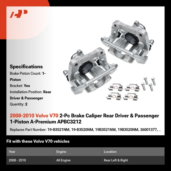 2008-2010 Volvo V70 2-Pc Brake Caliper Rear Driver & Passenger 1-Piston A-Premium APBC3212