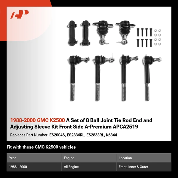 1988-2000 GMC K2500 A Set of 8 Ball Joint Tie Rod End and Adjusting Sleeve Kit Front Side A-Premium APCA2519