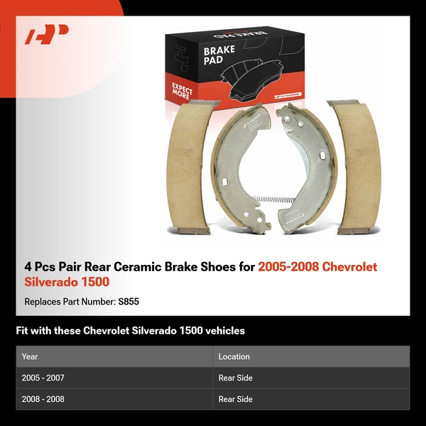 4 Pcs Pair Rear Ceramic Brake Shoes for 2005-2008 Chevrolet Silverado 1500