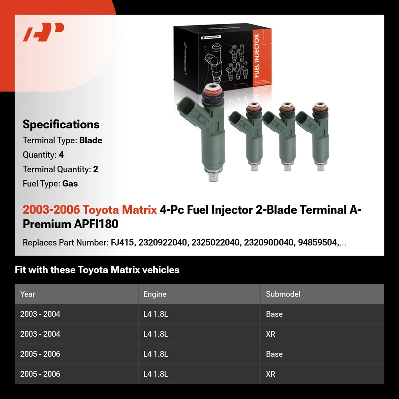 2003-2006 Toyota Matrix 4-Pc Fuel Injector 2-Blade Terminal A-Premium APFI180