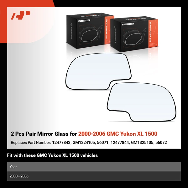 2 Pcs Pair Mirror Glass for 2000-2006 GMC Yukon XL 1500