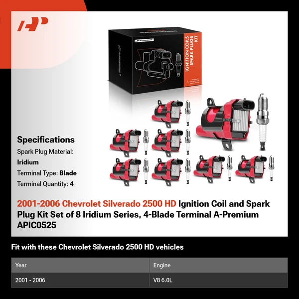 2001-2006 Chevrolet Silverado 2500 HD Ignition Coil and Spark Plug Kit Set of 8 Iridium Series, 4-Blade Terminal A-Premium APIC0525