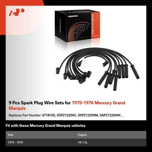9 Pcs Spark Plug Wire Sets for 1975-1976 Mercury Grand Marquis