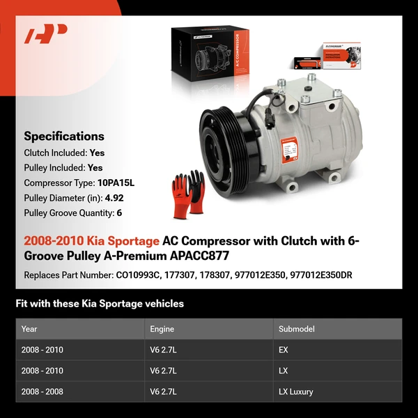 2008-2010 Kia Sportage AC Compressor with Clutch with 6-Groove Pulley A-Premium APACC877