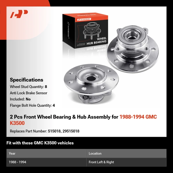 2 Pcs Front Wheel Bearing & Hub Assembly for 1988-1994 GMC K3500