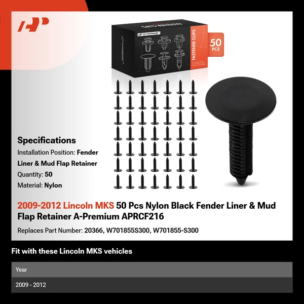2009-2012 Lincoln MKS 50 Pcs Nylon Black Fender Liner & Mud Flap Retainer A-Premium APRCF216