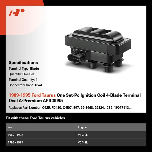 1989-1995 Ford Taurus One Set-Pc Ignition Coil 4-Blade Terminal Oval A-Premium APIC0095