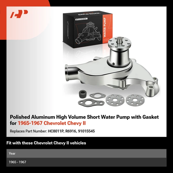 Polished Aluminum High Volume Short Water Pump with Gasket for 1965-1967 Chevrolet Chevy II