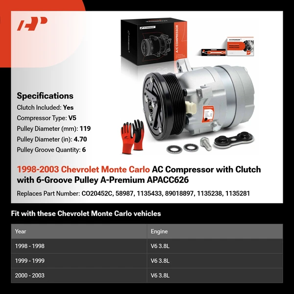 1998-2003 Chevrolet Monte Carlo AC Compressor with Clutch with 6-Groove Pulley A-Premium APACC626
