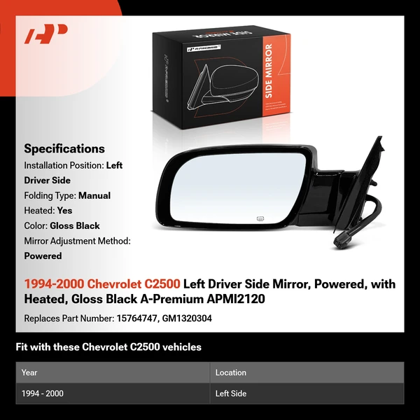 1994-2000 Chevrolet C2500 Left Driver Side Mirror, Powered, with Heated, Gloss Black A-Premium APMI2120