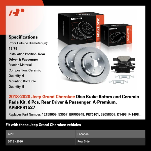 2018-2020 Jeep Grand Cherokee Disc Brake Rotors and Ceramic Pads Kit, 6 Pcs, Rear Driver & Passenger, A-Premium, APBRPR1527