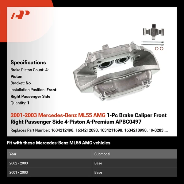 2001-2003 Mercedes-Benz ML55 AMG 1-Pc Brake Caliper Front Right Passenger Side 4-Piston A-Premium APBC0497