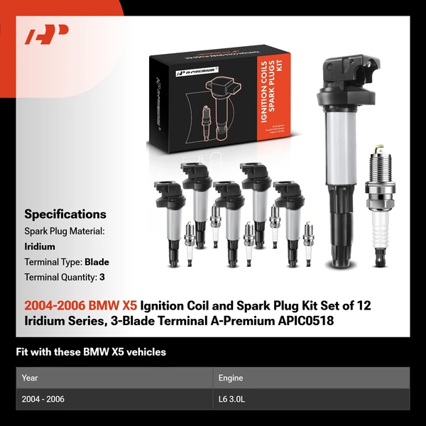 2004-2006 BMW X5 Ignition Coil and Spark Plug Kit Set of 12 Iridium Series, 3-Blade Terminal A-Premium APIC0518