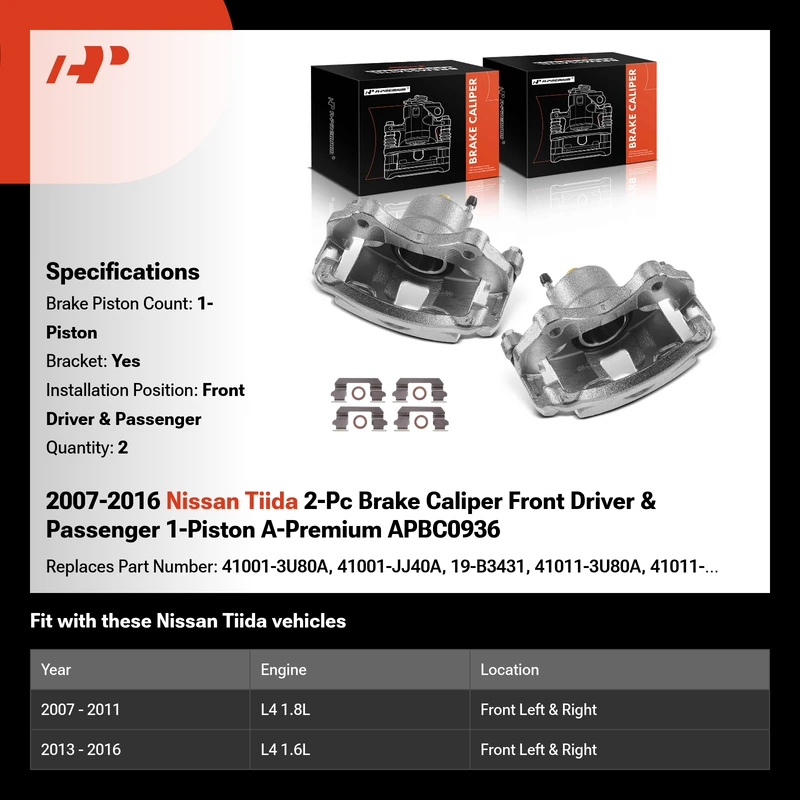 2007-2016 Nissan Tiida 2-Pc Brake Caliper Front Driver & Passenger 1-Piston A-Premium APBC0936