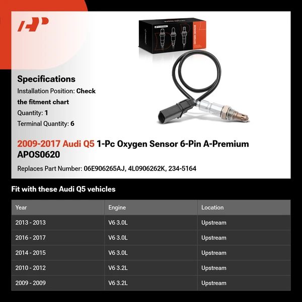 2009-2017 Audi Q5 1-Pc Oxygen Sensor 6-Pin A-Premium APOS0620
