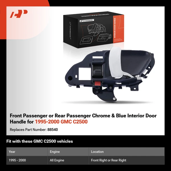 Front Passenger or Rear Passenger Chrome & Blue Interior Door Handle for 1995-2000 GMC C2500