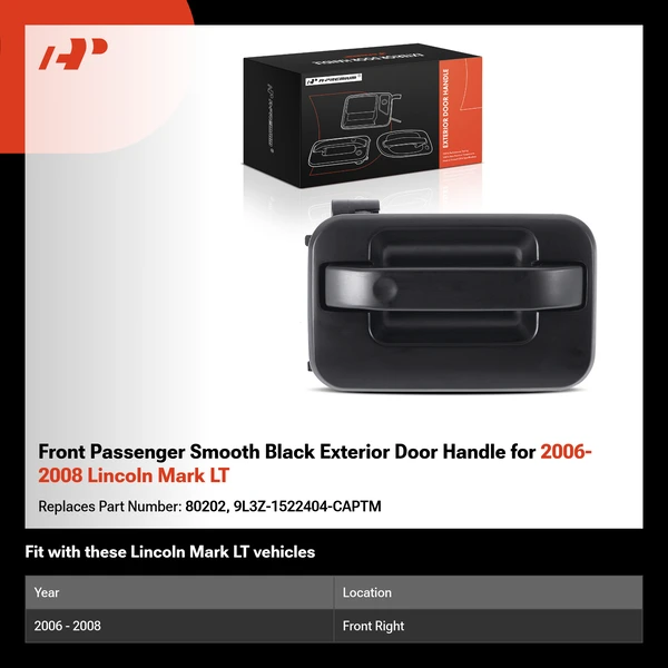 Front Passenger Smooth Black Exterior Door Handle for 2006-2008 Lincoln Mark LT