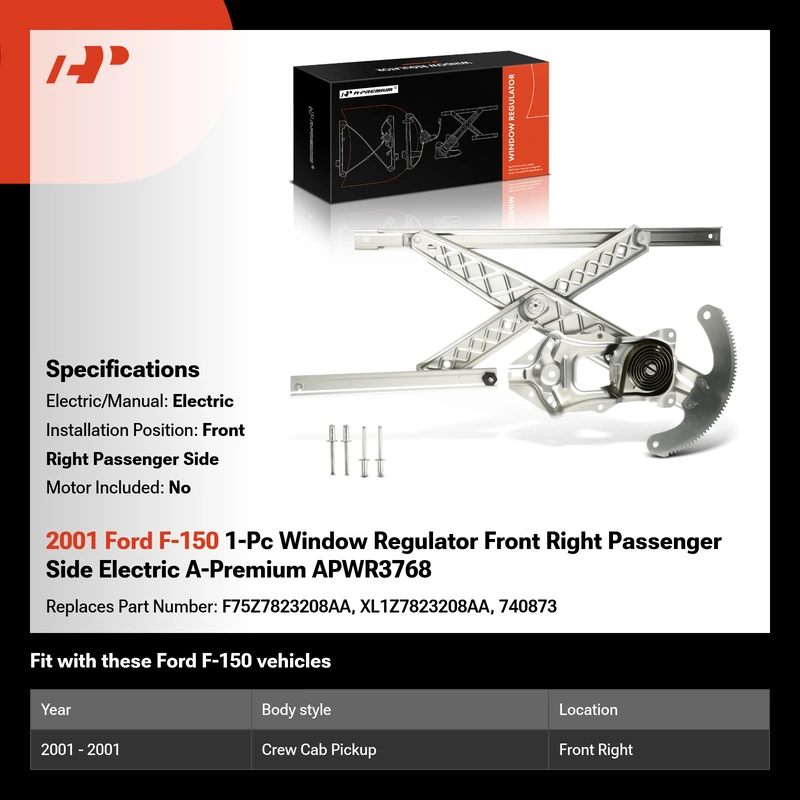 2001 Ford F-150 1-Pc Window Regulator Front Right Passenger Side Electric A-Premium APWR3768