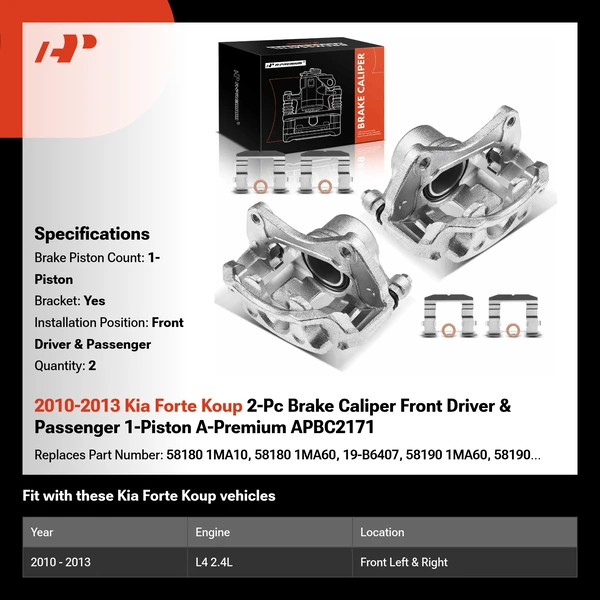 2010-2013 Kia Forte Koup 2-Pc Brake Caliper Front Driver & Passenger 1-Piston A-Premium APBC2171