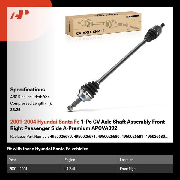 2001-2004 Hyundai Santa Fe 1-Pc CV Axle Shaft Assembly Front Right Passenger Side A-Premium APCVA392