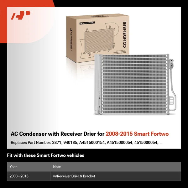 AC Condenser with Receiver Drier for 2008-2015 Smart Fortwo