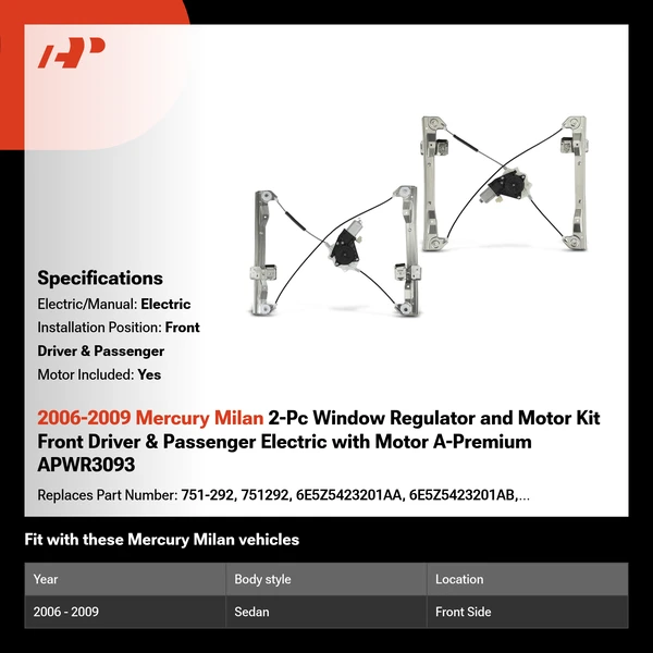 2006-2009 Mercury Milan 2-Pc Window Regulator and Motor Kit Front Driver & Passenger Electric with Motor A-Premium APWR3093