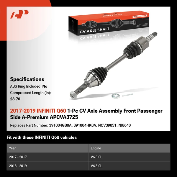 2017-2019 INFINITI Q60 1-Pc CV Axle Assembly Front Passenger Side A-Premium APCVA3725