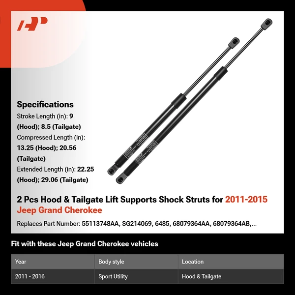 2 Pcs Hood & Tailgate Lift Supports Shock Struts for 2011-2015 Jeep Grand Cherokee