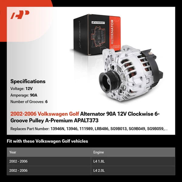 2002-2006 Volkswagen Golf Alternator 90A 12V Clockwise 6-Groove Pulley A-Premium APALT373