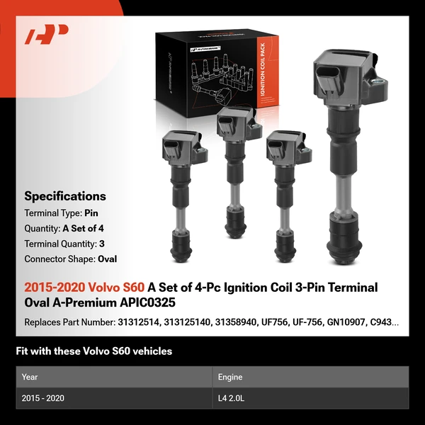 2015-2020 Volvo S60 A Set of 4-Pc Ignition Coil 3-Pin Terminal Oval A-Premium APIC0325