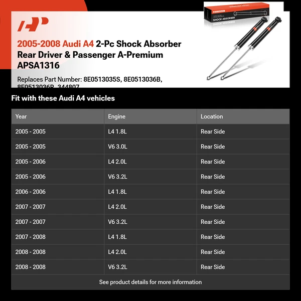 2005-2008 Audi A4 2-Pc Shock Absorber Rear Driver & Passenger A-Premium APSA1316