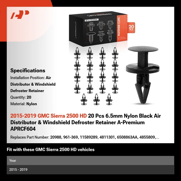 2015-2019 GMC Sierra 2500 HD 20 Pcs 6.5mm Nylon Black Air Distributor & Windshield Defroster Retainer A-Premium APRCF604