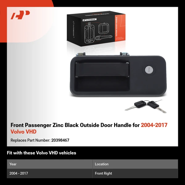 Front Passenger Zinc Black Outside Door Handle for 2004-2017 Volvo VHD