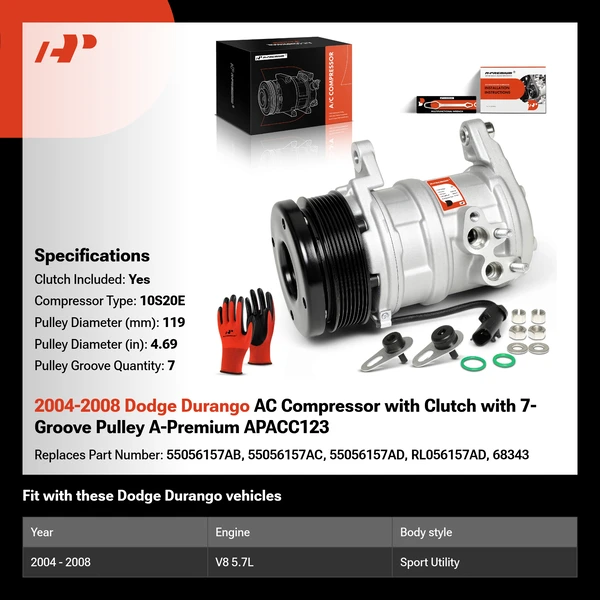 2004-2008 Dodge Durango AC Compressor with Clutch with 7-Groove Pulley A-Premium APACC123
